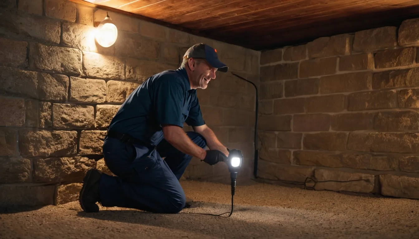 Pest control provider inspecting a basement foundation wall in a home in California